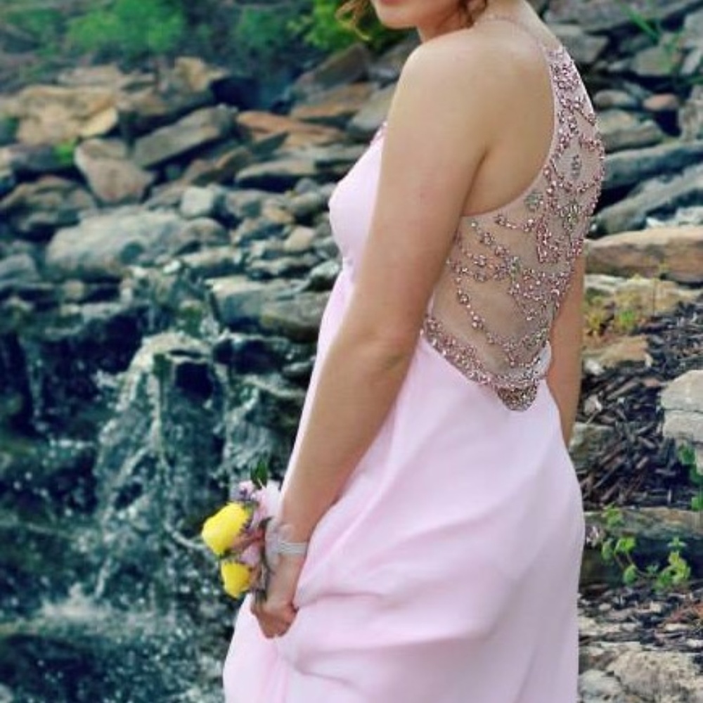 Backless, beaded pink prom dress